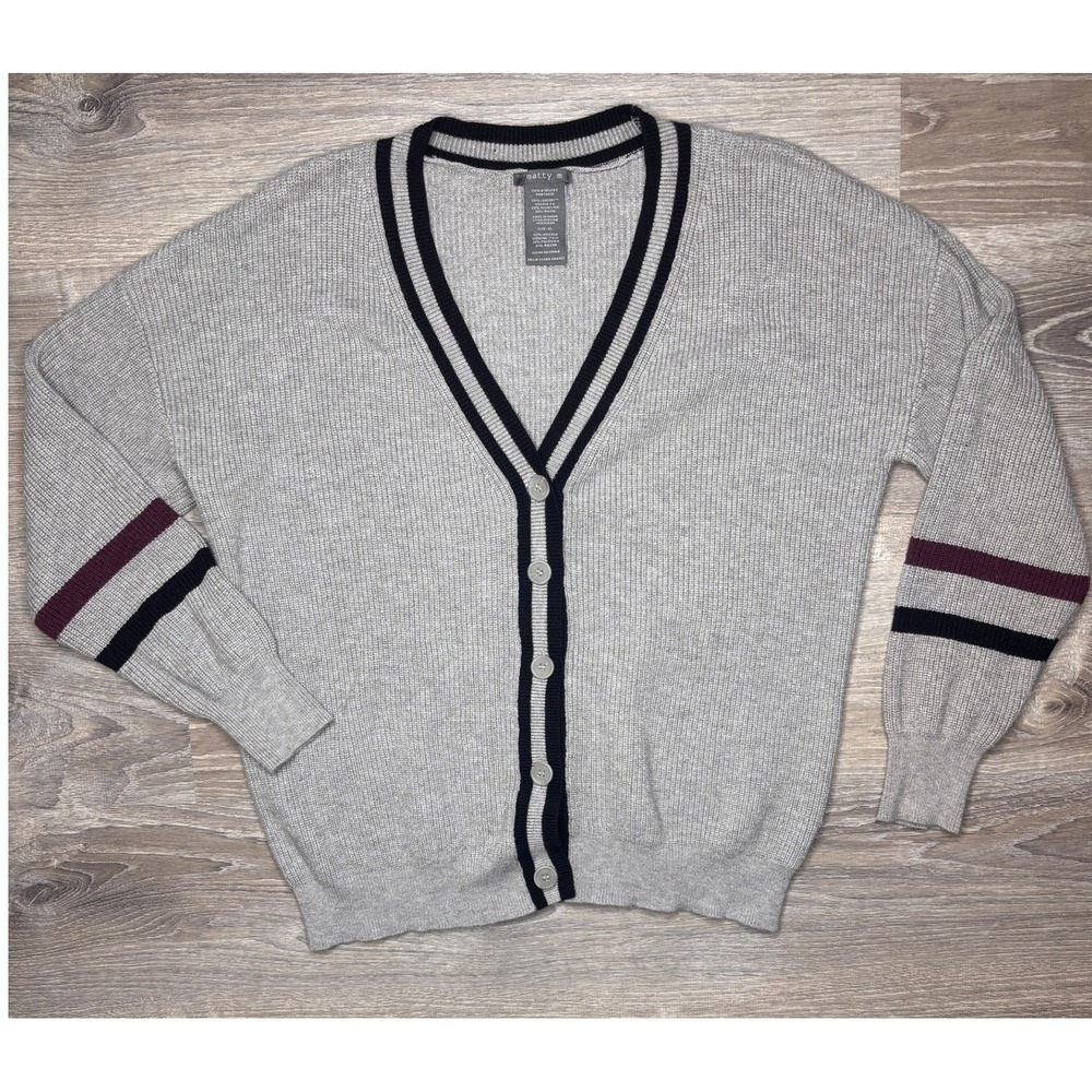 Matty M Womens Knit Gray Varsity Stripe Ribbed V-Neck Cardigan Sweater XL Preppy